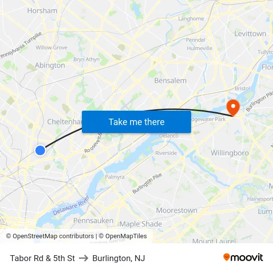 Tabor Rd & 5th St to Burlington, NJ map