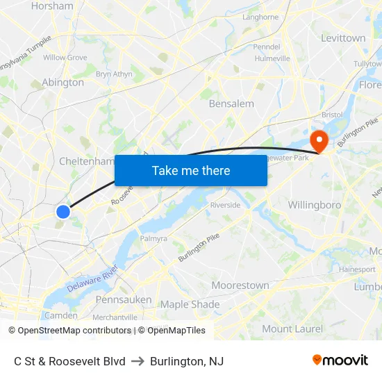 C St & Roosevelt Blvd to Burlington, NJ map