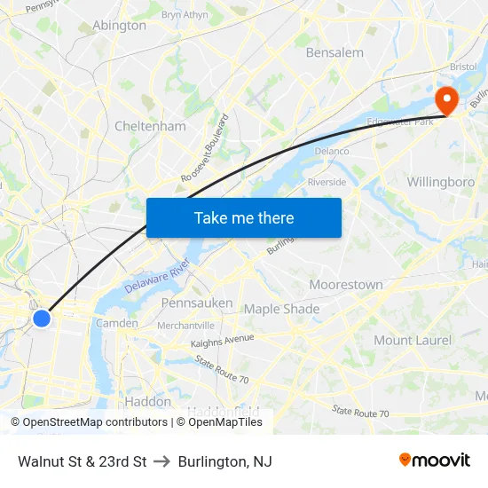 Walnut St & 23rd St to Burlington, NJ map