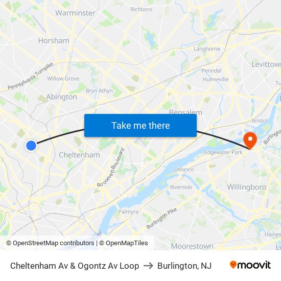 Cheltenham Av & Ogontz Av Loop to Burlington, NJ map