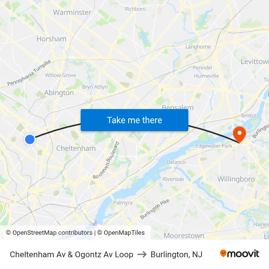 Cheltenham Av & Ogontz Av Loop to Burlington, NJ map