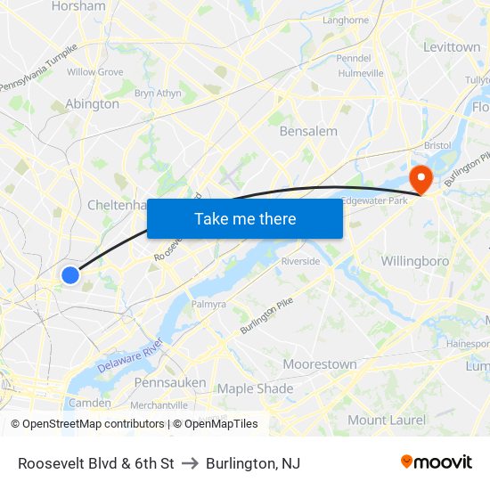 Roosevelt Blvd & 6th St to Burlington, NJ map