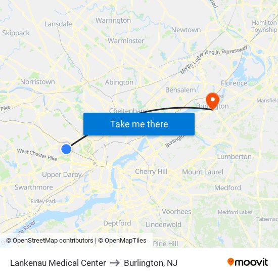 Lankenau Medical Center to Burlington, NJ map