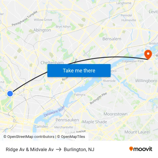 Ridge Av & Midvale Av to Burlington, NJ map