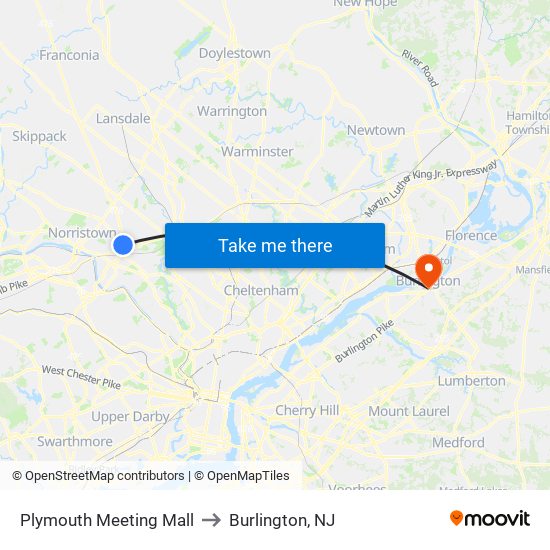 Plymouth Meeting Mall to Burlington, NJ map