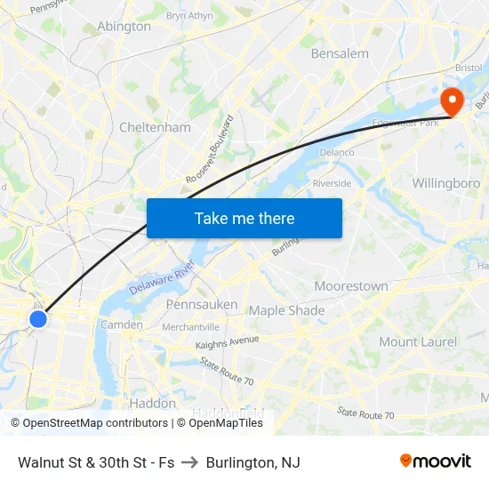 Walnut St & 30th St - Fs to Burlington, NJ map