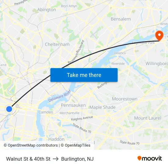 Walnut St & 40th St to Burlington, NJ map