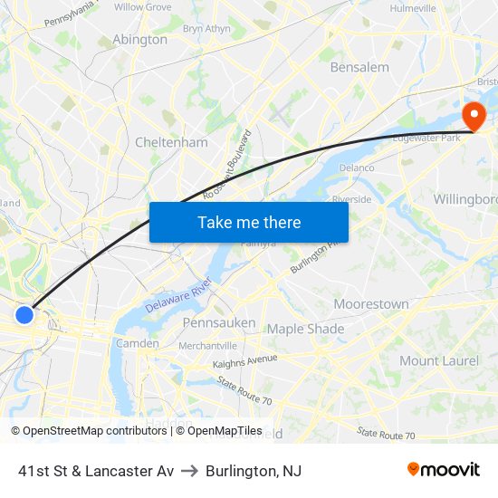 41st St & Lancaster Av to Burlington, NJ map