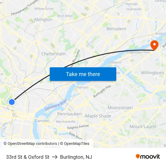 33rd St & Oxford St to Burlington, NJ map
