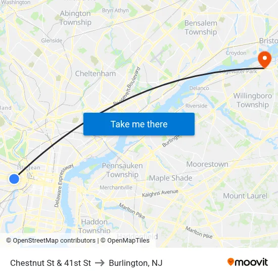 Chestnut St & 41st St to Burlington, NJ map