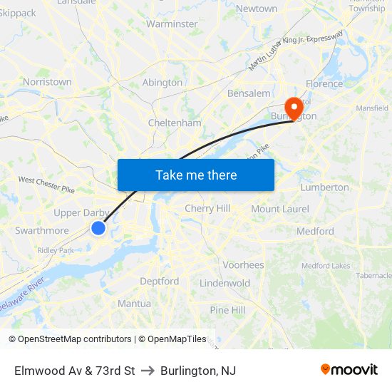 Elmwood Av & 73rd St to Burlington, NJ map