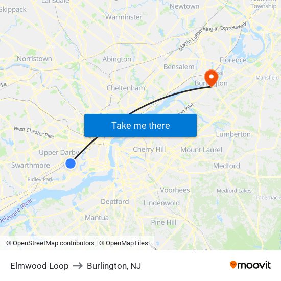 Elmwood Loop to Burlington, NJ map