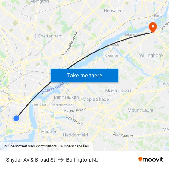 Snyder Av & Broad St to Burlington, NJ map