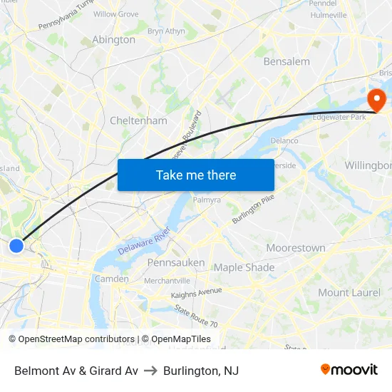 Belmont Av & Girard Av to Burlington, NJ map
