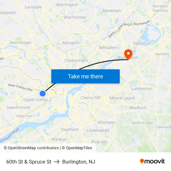 60th St & Spruce St to Burlington, NJ map