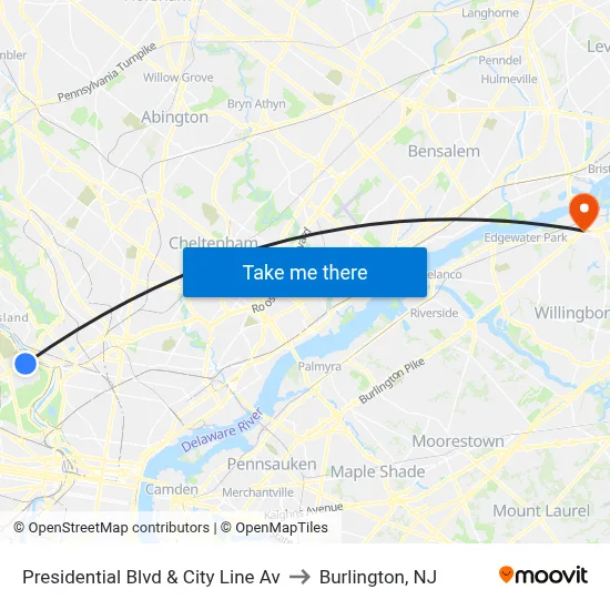 Presidential Blvd & City Line Av to Burlington, NJ map