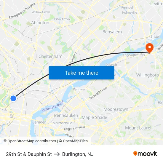 29th St & Dauphin St to Burlington, NJ map