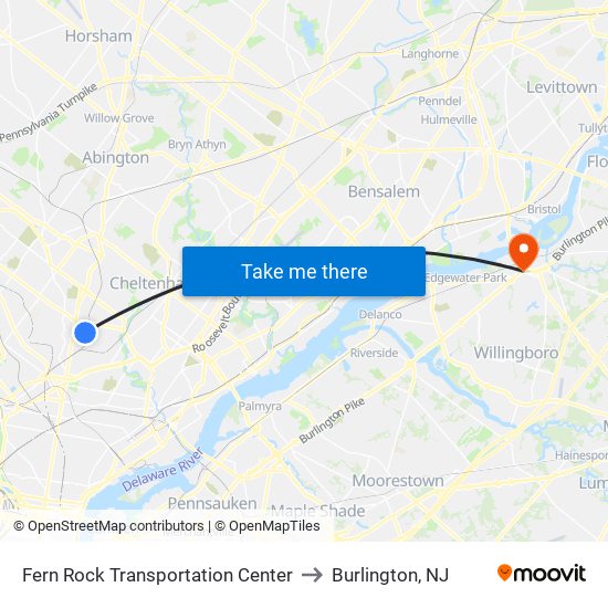 Fern Rock Transportation Center to Burlington, NJ map