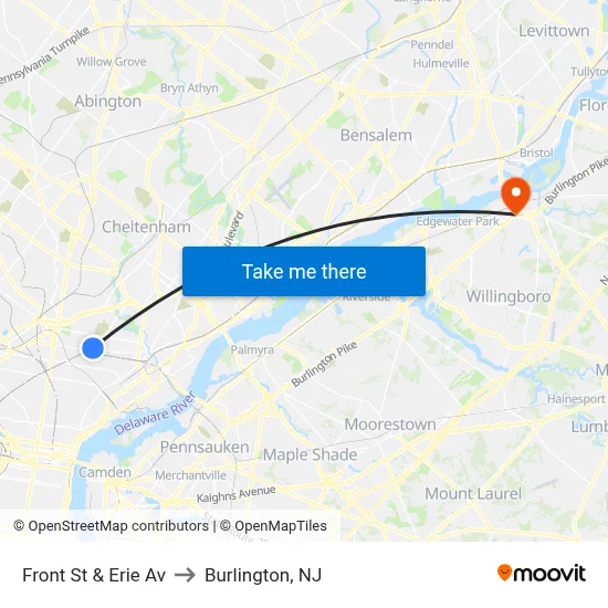 Front St & Erie Av to Burlington, NJ map