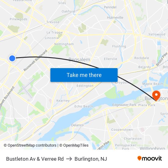 Bustleton Av & Verree Rd to Burlington, NJ map