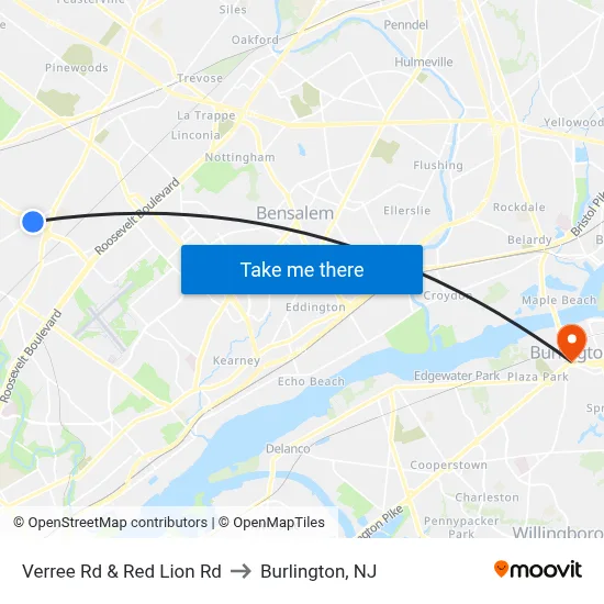 Verree Rd & Red Lion Rd to Burlington, NJ map
