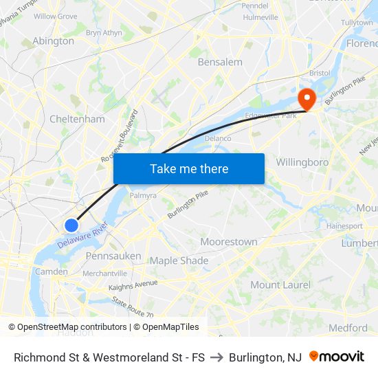 Richmond St & Westmoreland St - FS to Burlington, NJ map