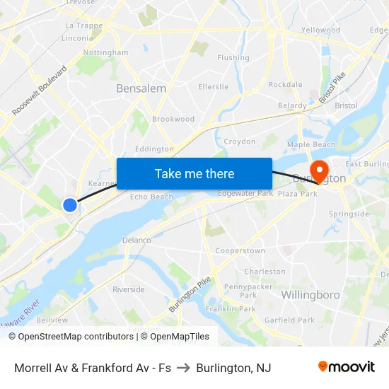 Morrell Av & Frankford Av - Fs to Burlington, NJ map