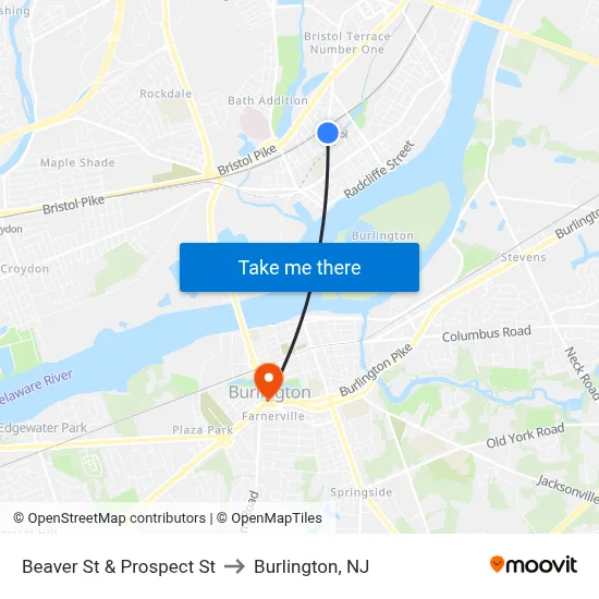 Beaver St & Prospect St to Burlington, NJ map