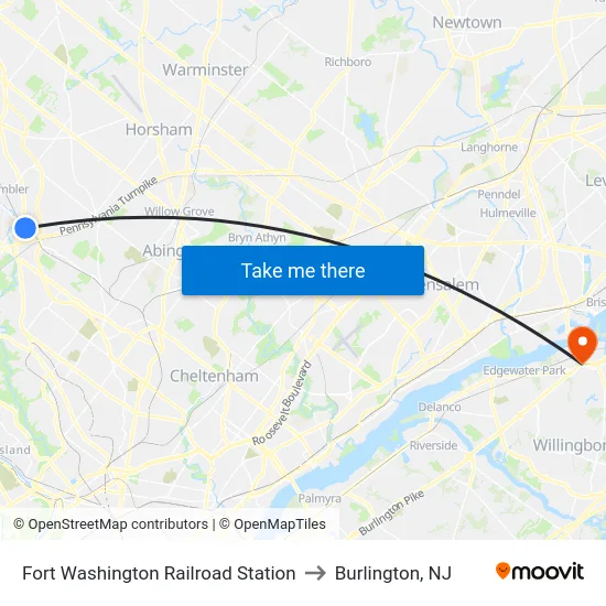 Fort Washington Railroad Station to Burlington, NJ map