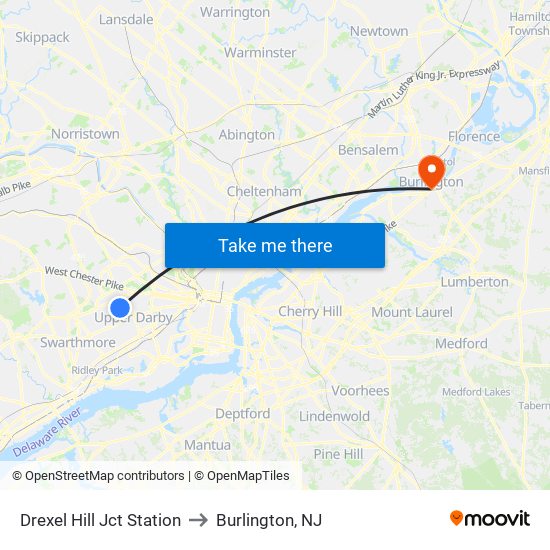 Drexel Hill Jct Station to Burlington, NJ map