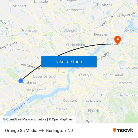 Orange St/Media to Burlington, NJ map