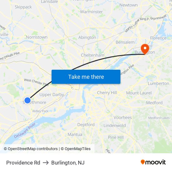 Providence Rd to Burlington, NJ map