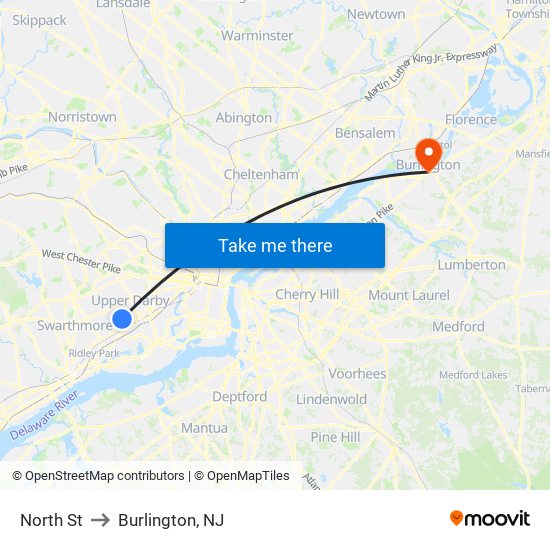 North St to Burlington, NJ map