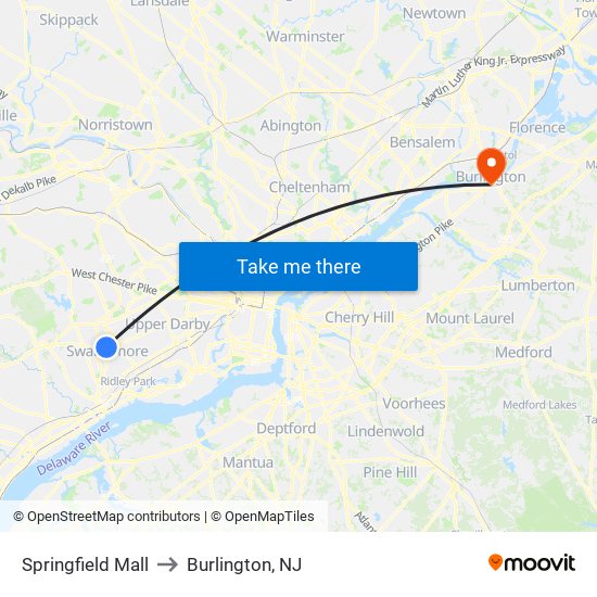Springfield Mall to Burlington, NJ map