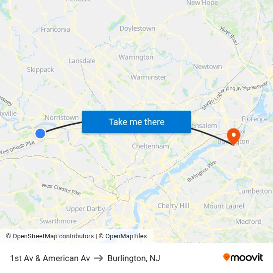 1st Av & American Av to Burlington, NJ map