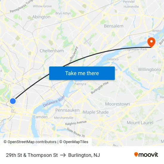 29th St & Thompson St to Burlington, NJ map