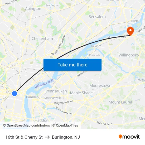 16th St & Cherry St to Burlington, NJ map