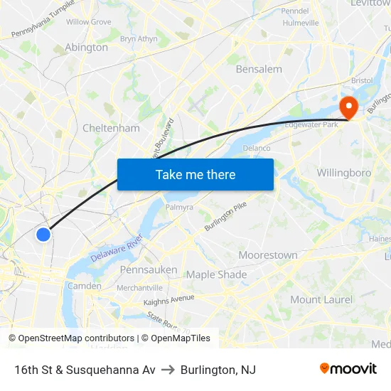 16th St & Susquehanna Av to Burlington, NJ map