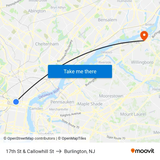 17th St & Callowhill St to Burlington, NJ map