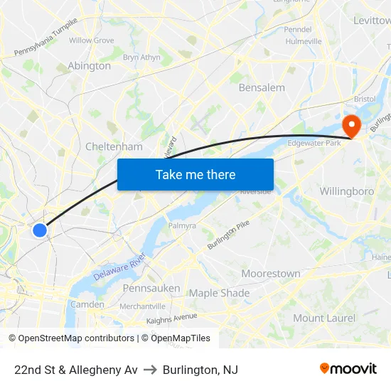 22nd St & Allegheny Av to Burlington, NJ map