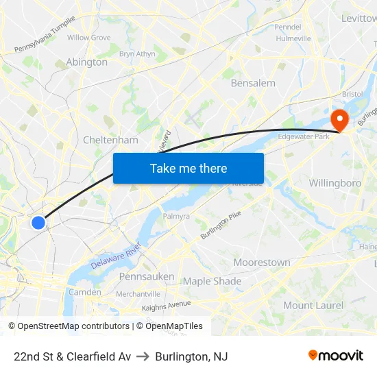 22nd St & Clearfield Av to Burlington, NJ map