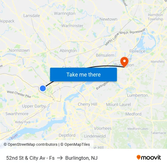 52nd St & City Av - Fs to Burlington, NJ map