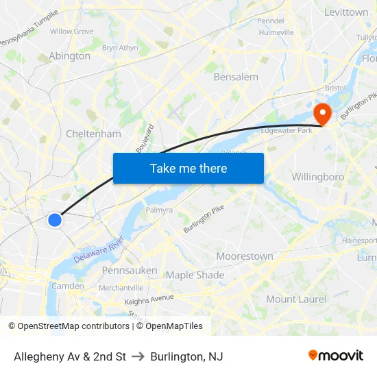 Allegheny Av & 2nd St to Burlington, NJ map