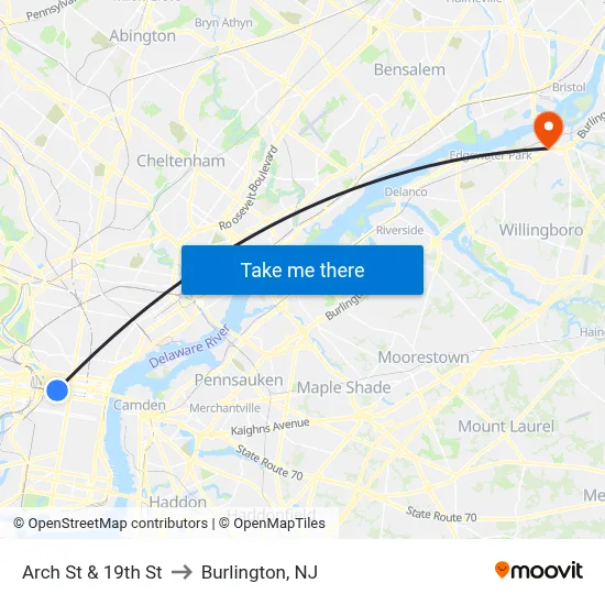 Arch St & 19th St to Burlington, NJ map