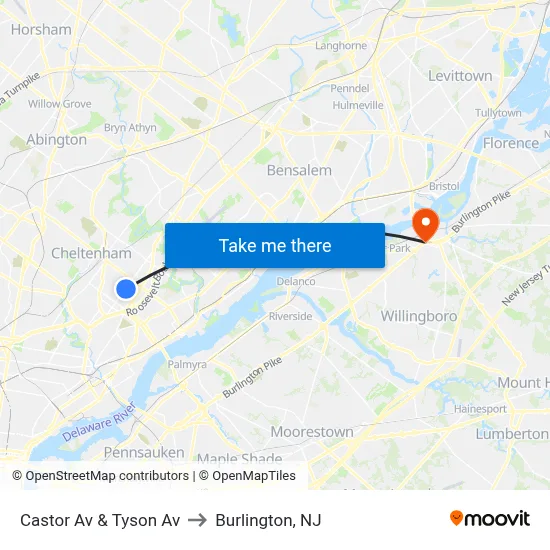 Castor Av & Tyson Av to Burlington, NJ map