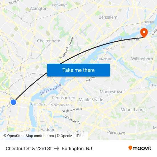 Chestnut St & 23rd St to Burlington, NJ map