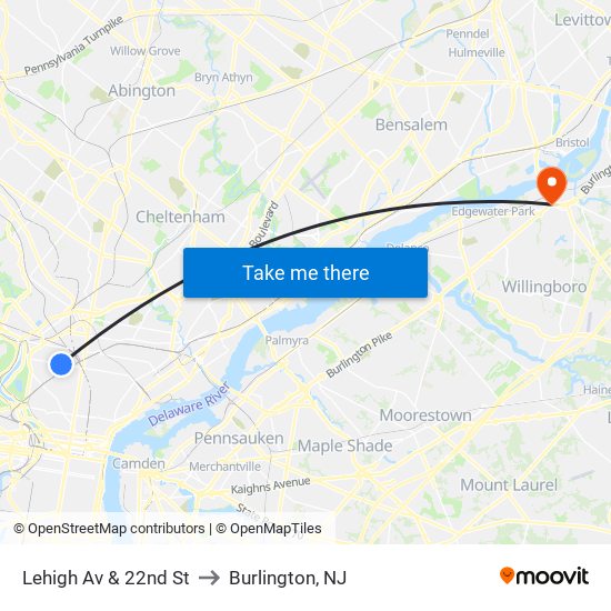 Lehigh Av & 22nd St to Burlington, NJ map
