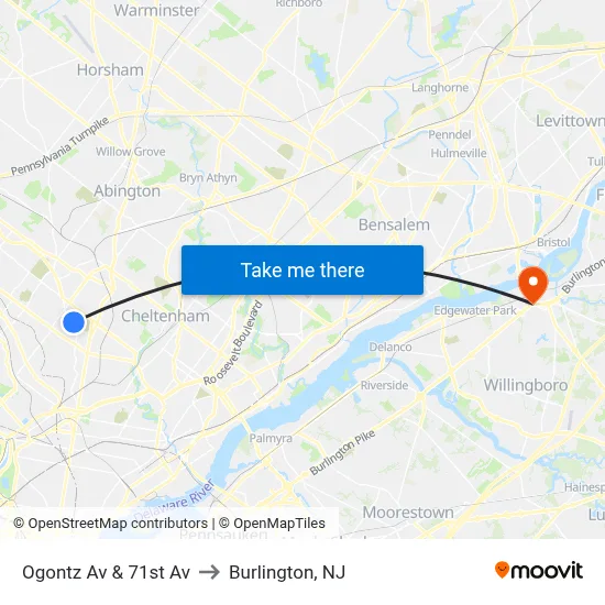 Ogontz Av & 71st Av to Burlington, NJ map