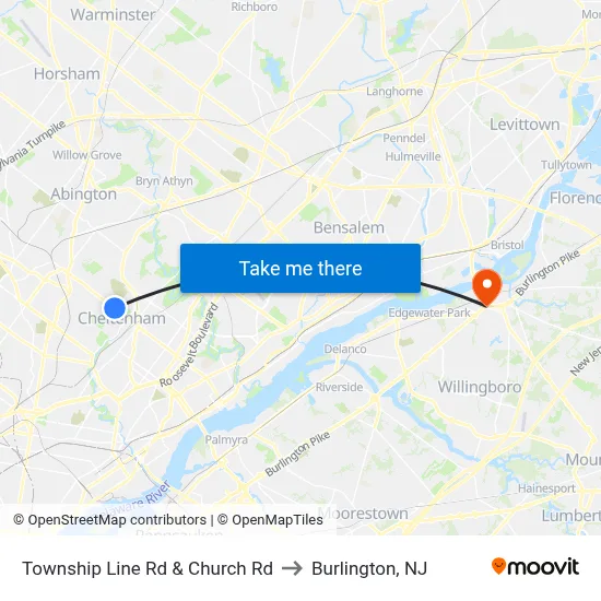 Township Line Rd & Church Rd to Burlington, NJ map