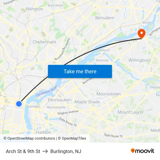Arch St & 9th St to Burlington, NJ map